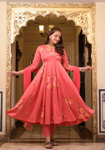 Coral Hand Painted Satin Anarkali Suit Set